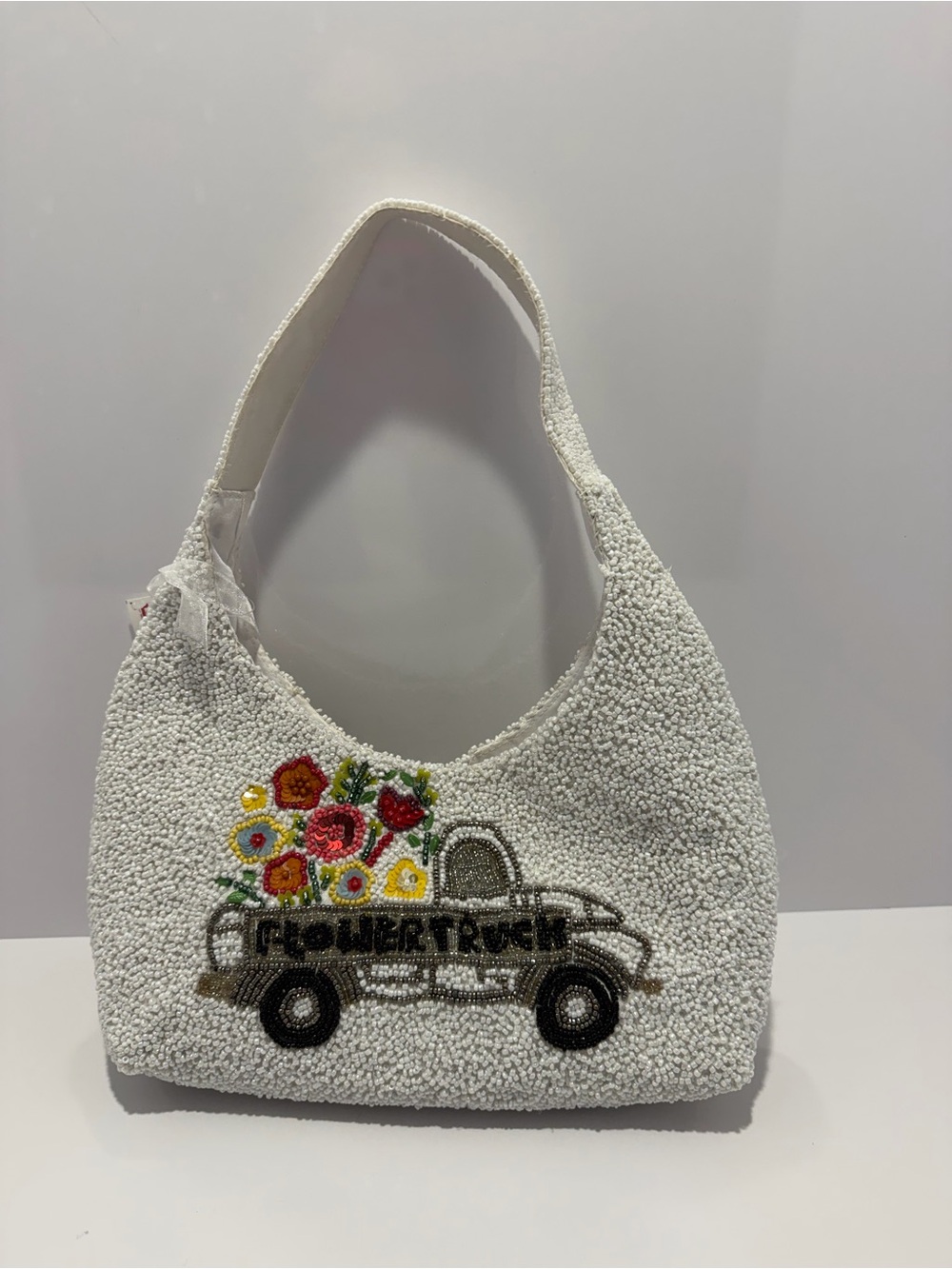 Viral Floral Flower Truck Beaded Half Moon Shoulder Bag NWT Handmade in India